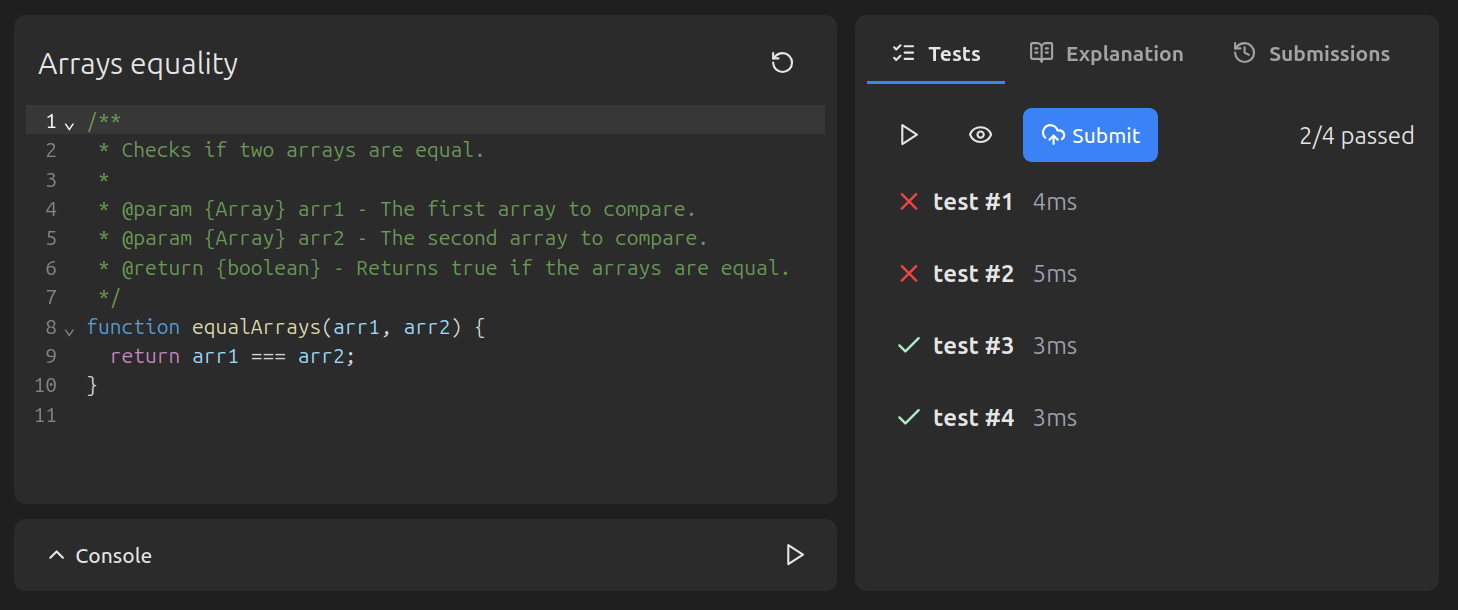 Debugging interface showing code and failing tests