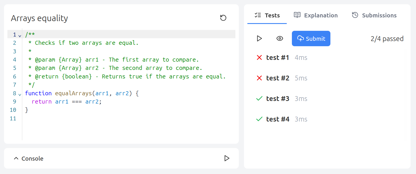 Debugging interface showing code and failing tests